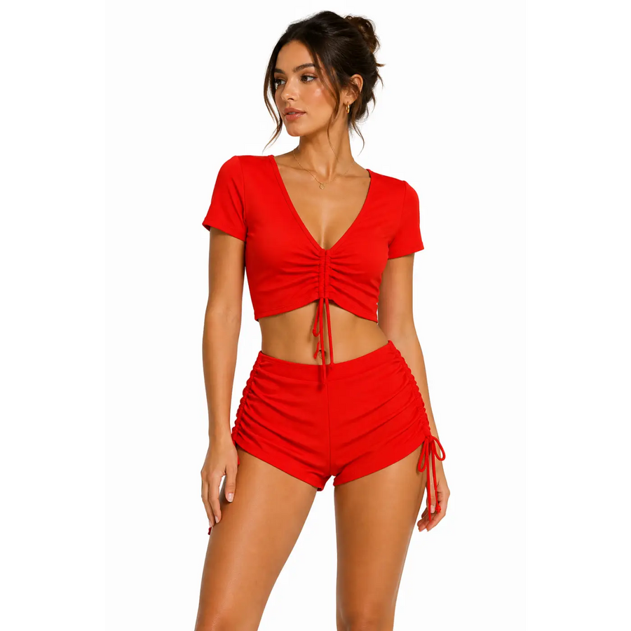 Women’s Red Ruched Crop Top & Drawstring Shorts Set – 2 Piece Lounge Outfit