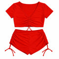 Women’s Red Ruched Crop Top & Drawstring Shorts Set – 2 Piece Lounge Outfit