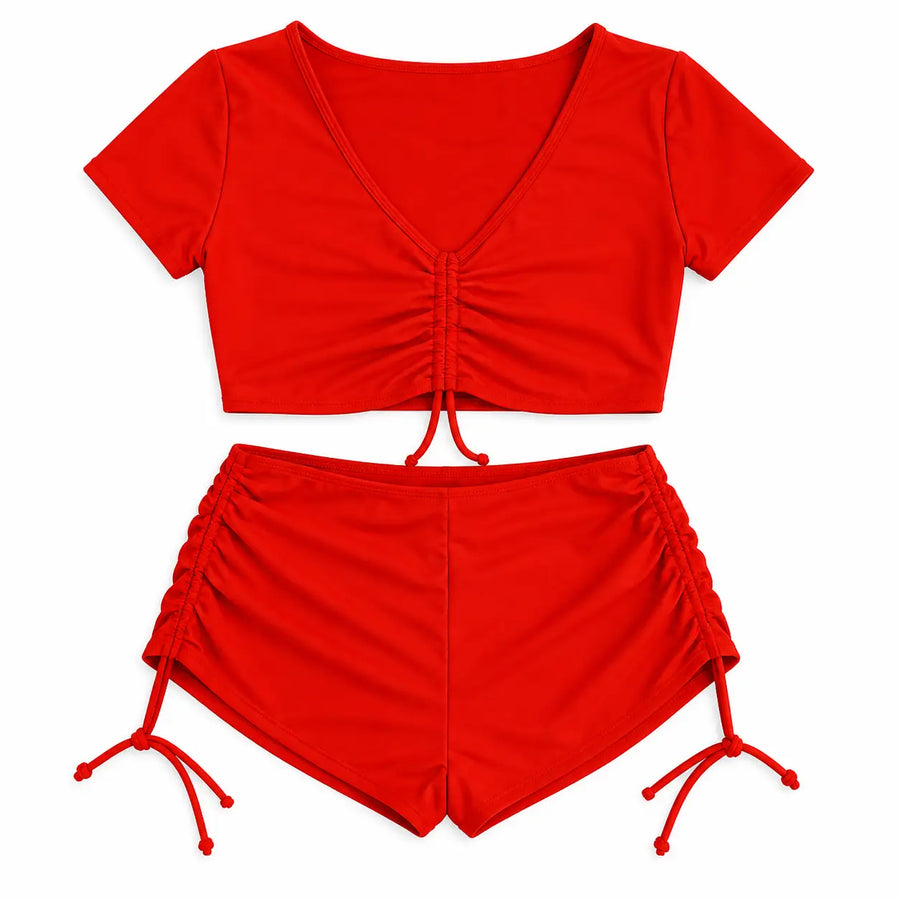 Women’s Red Ruched Crop Top & Drawstring Shorts Set – 2 Piece Lounge Outfit