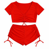 Women’s Red Ruched Crop Top & Drawstring Shorts Set – 2 Piece Lounge Outfit
