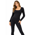 Women’s Ribbed Long Sleeve Bodycon Jumpsuit – Black - Jumpsuits & Rompers