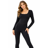 Women’s Ribbed Long Sleeve Bodycon Jumpsuit – Black - Jumpsuits & Rompers