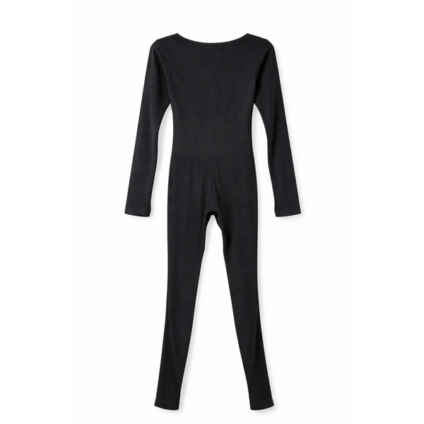 Women’s Ribbed Long Sleeve Bodycon Jumpsuit – Black - Jumpsuits & Rompers