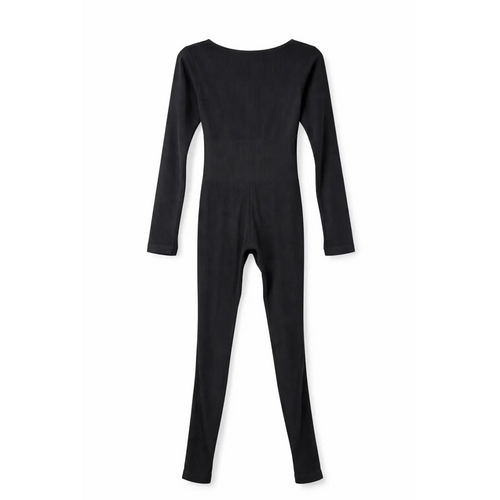 Women’s Ribbed Long Sleeve Bodycon Jumpsuit – Black - Jumpsuits & Rompers