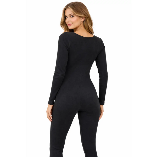 Women’s Ribbed Long Sleeve Bodycon Jumpsuit – Black - Jumpsuits & Rompers