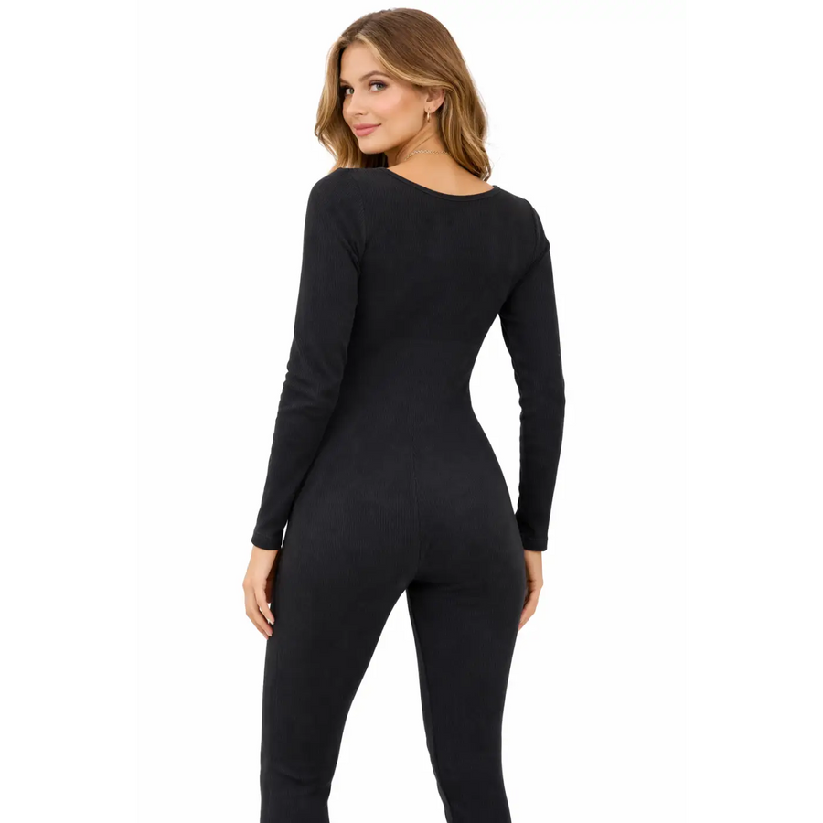 Women’s Ribbed Long Sleeve Bodycon Jumpsuit – Black - Jumpsuits & Rompers