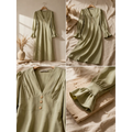 Women’s Sage Green V-Neck Midi Dress – Long Sleeve Elegant Flowy Dress - Dresses