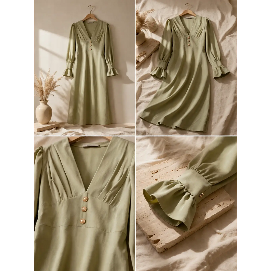 Women’s Sage Green V-Neck Midi Dress – Long Sleeve Elegant Flowy Dress - Dresses