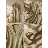 Women’s Sage Green V-Neck Midi Dress – Long Sleeve Elegant Flowy Dress - Dresses
