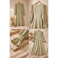 Women’s Sage Green V-Neck Midi Dress – Long Sleeve Elegant Flowy Dress - Dresses