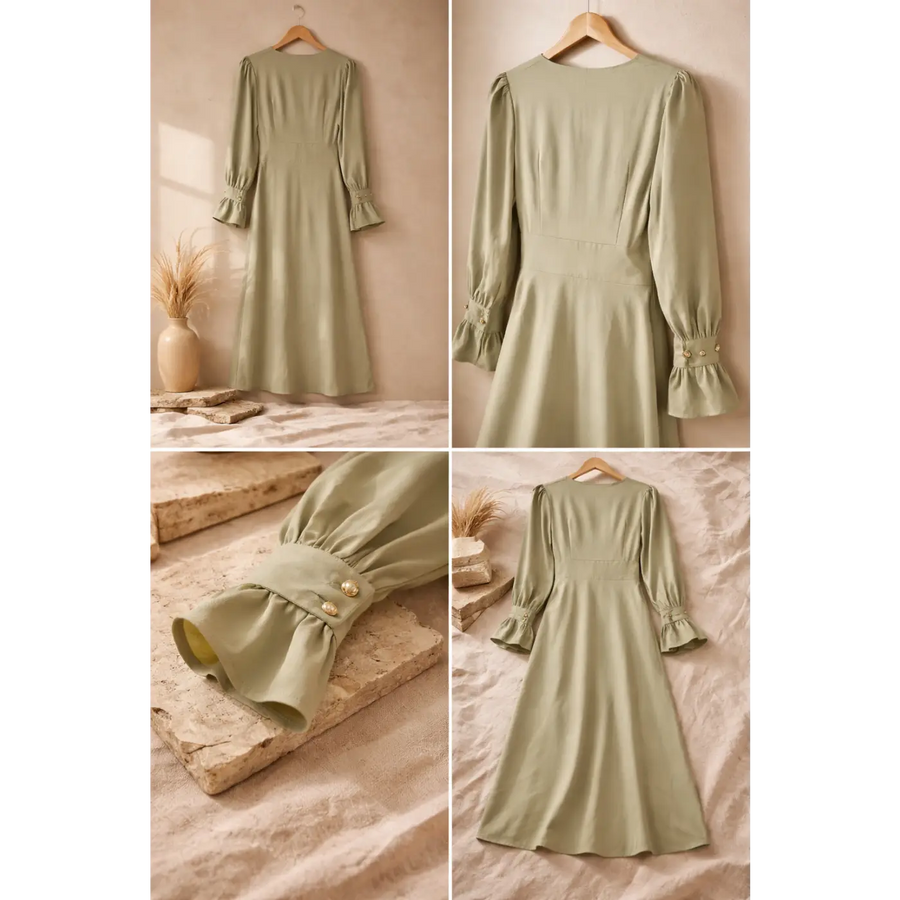 Women’s Sage Green V-Neck Midi Dress – Long Sleeve Elegant Flowy Dress - Dresses