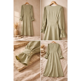 Women’s Sage Green V-Neck Midi Dress – Long Sleeve Elegant Flowy Dress - Dresses