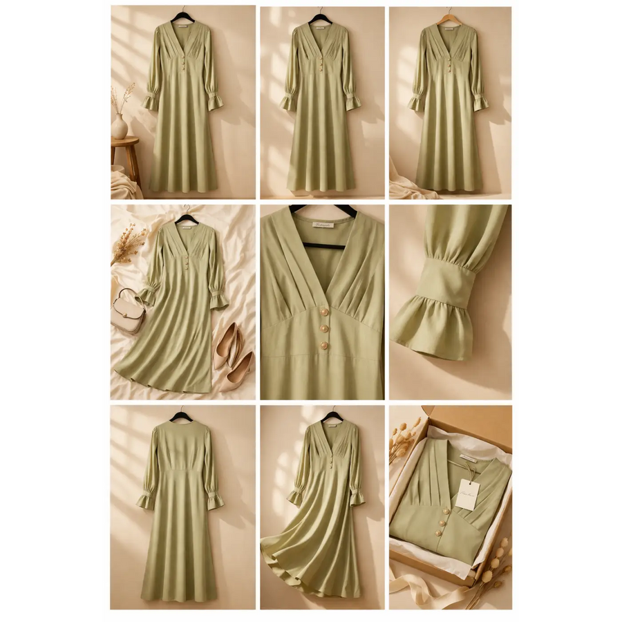 Women’s Sage Green V-Neck Midi Dress – Long Sleeve Elegant Flowy Dress - Dresses