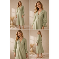 Women’s Sage Green V-Neck Midi Dress – Long Sleeve Elegant Flowy Dress - Dresses