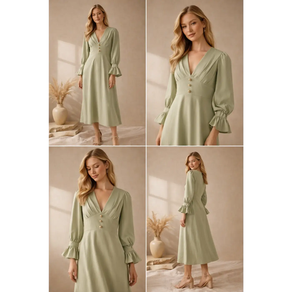 Women’s Sage Green V-Neck Midi Dress – Long Sleeve Elegant Flowy Dress - Dresses