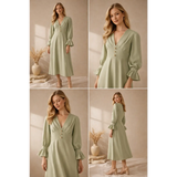 Women’s Sage Green V-Neck Midi Dress – Long Sleeve Elegant Flowy Dress - Dresses