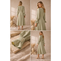 Women’s Sage Green V-Neck Midi Dress – Long Sleeve Elegant Flowy Dress - Dresses
