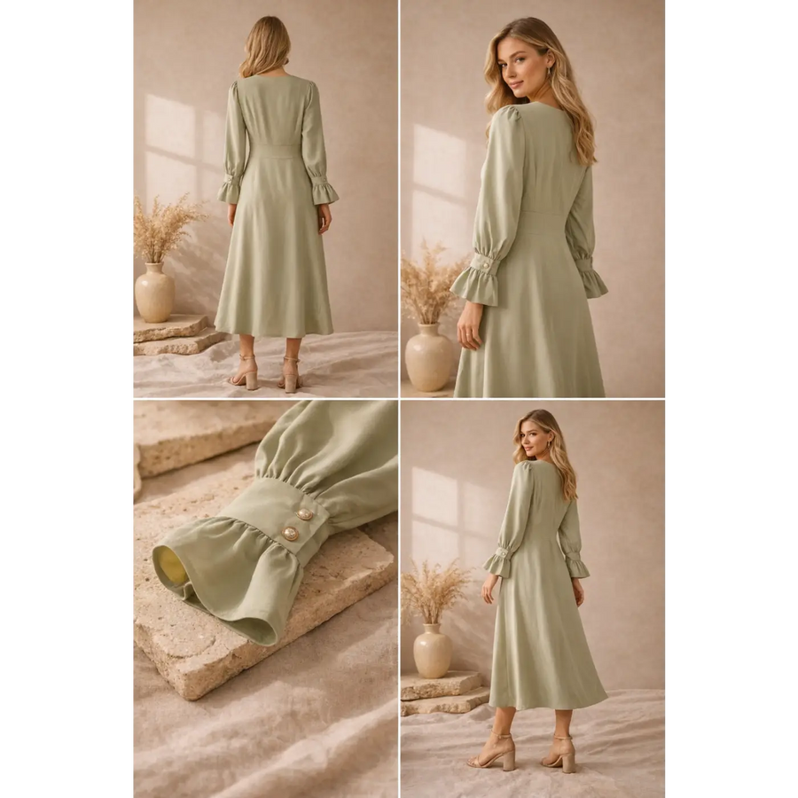Women’s Sage Green V-Neck Midi Dress – Long Sleeve Elegant Flowy Dress - Dresses