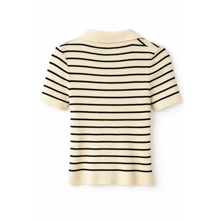 Women’s Striped Ribbed Polo Top – Short Sleeve Button Knit Shirt