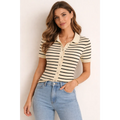 Women’s Striped Ribbed Polo Top – Short Sleeve Button Knit Shirt