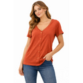 Women’s V-Neck Button Front T-Shirt – Casual Short Sleeve Top (Rust Orange) - T-Shirts