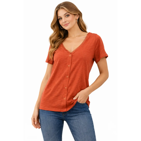 Women’s V-Neck Button Front T-Shirt – Casual Short Sleeve Top (Rust Orange) - T-Shirts