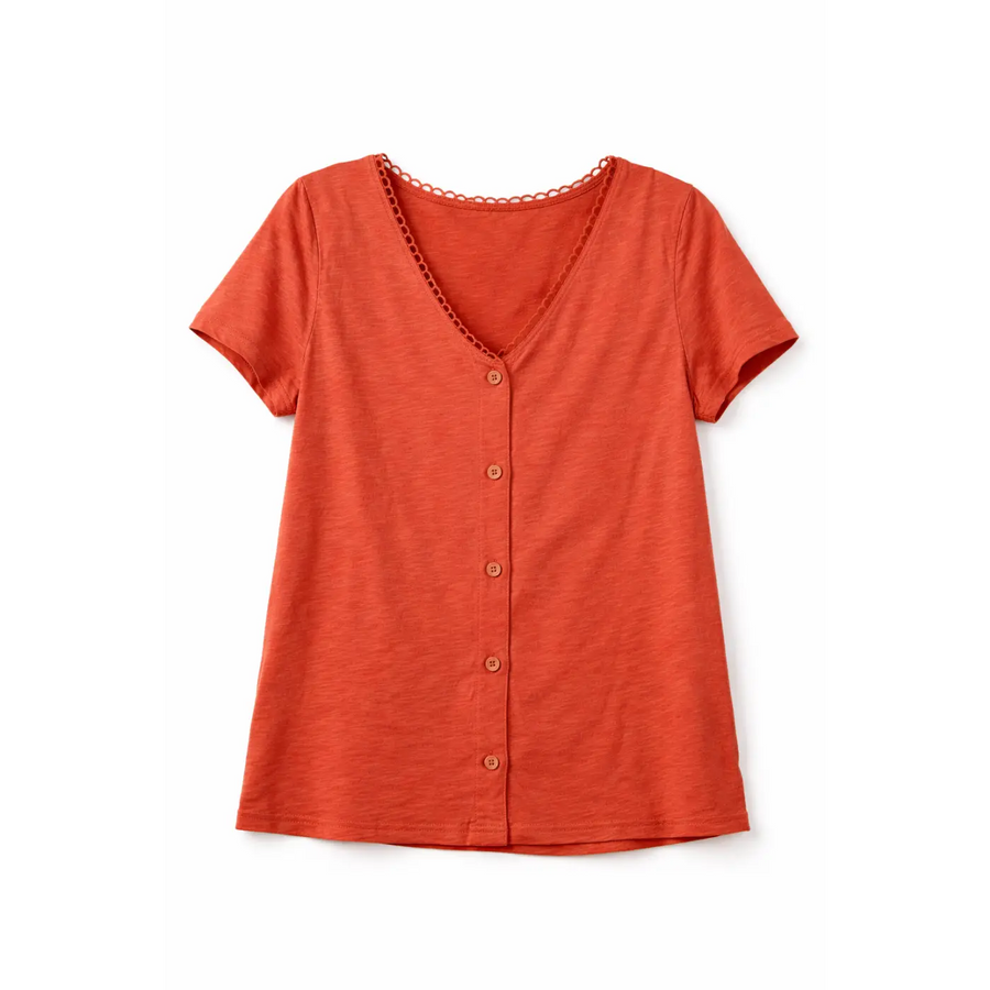 Women’s V-Neck Button Front T-Shirt – Casual Short Sleeve Top (Rust Orange) - T-Shirts