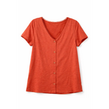 Women’s V-Neck Button Front T-Shirt – Casual Short Sleeve Top (Rust Orange) - T-Shirts