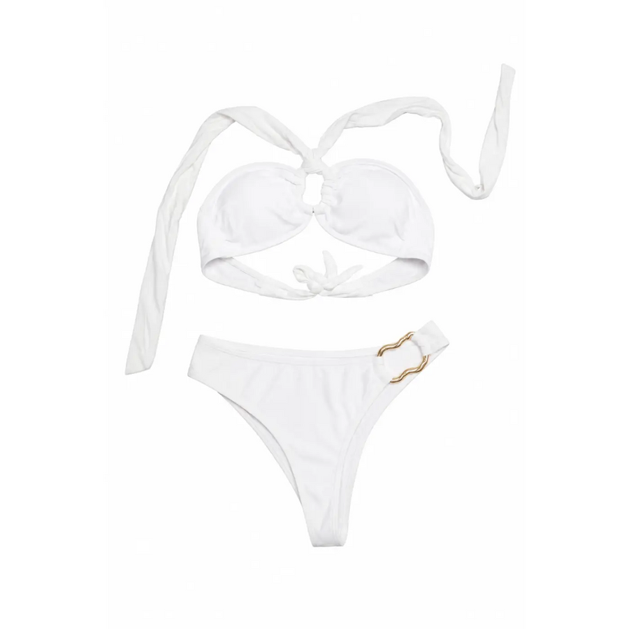 Women’s White Halter Bikini Set with Gold Accent