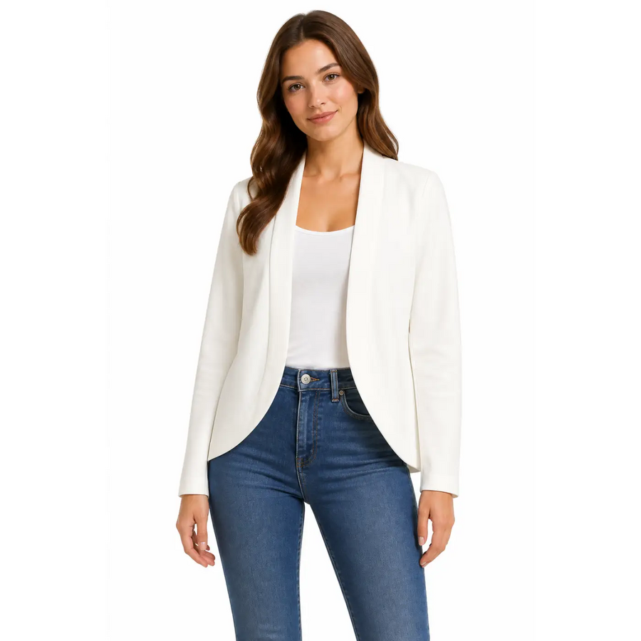 Women’s White Open Front Blazer – Tailored Minimalist Lightweight Jacket
