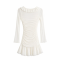 Women’s White Ruched Ruffle Mini Dress – Sheer Long Sleeve V-Neck Bodycon Dress