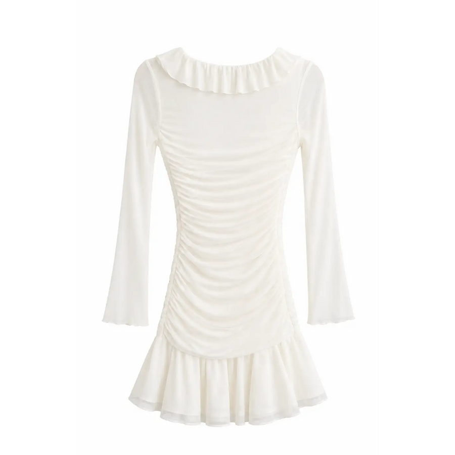 Women’s White Ruched Ruffle Mini Dress – Sheer Long Sleeve V-Neck Bodycon Dress