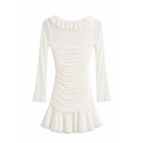 Women’s White Ruched Ruffle Mini Dress – Sheer Long Sleeve V-Neck Bodycon Dress