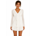 Women’s White Ruched Ruffle Mini Dress – Sheer Long Sleeve V-Neck Bodycon Dress