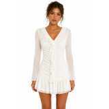 Women’s White Ruched Ruffle Mini Dress – Sheer Long Sleeve V-Neck Bodycon Dress