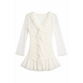 Women’s White Ruched Ruffle Mini Dress – Sheer Long Sleeve V-Neck Bodycon Dress
