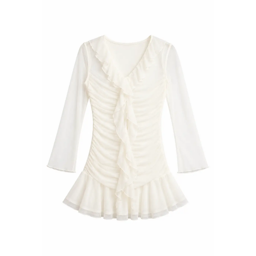 Women’s White Ruched Ruffle Mini Dress – Sheer Long Sleeve V-Neck Bodycon Dress