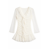 Women’s White Ruched Ruffle Mini Dress – Sheer Long Sleeve V-Neck Bodycon Dress