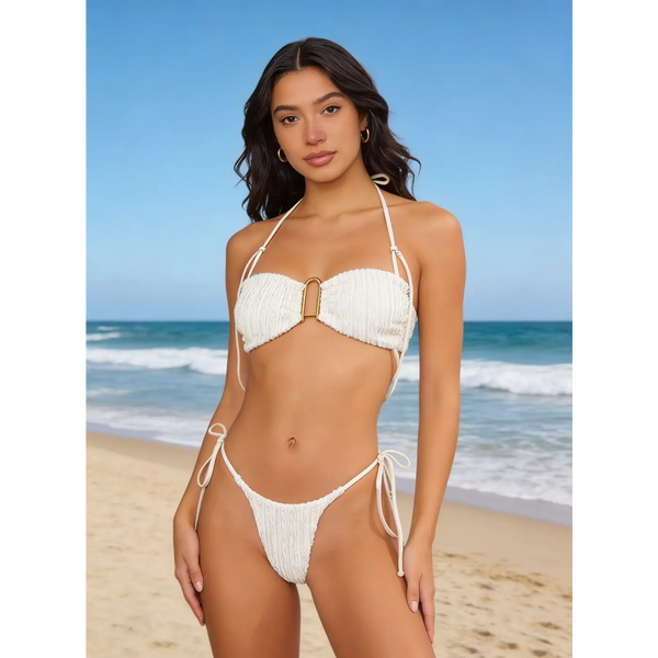 Women’s White Textured Tie-Side Bikini Set